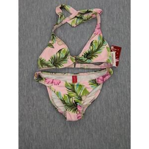 Vintage Esprit Bikini Womens Small Pink Green Leaf Floral Halter Top Bottom Y2K